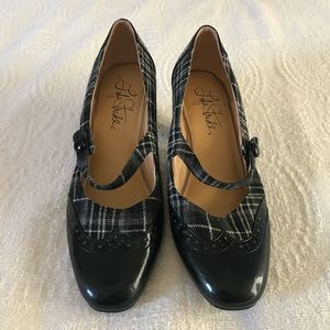 Black patent and plaid kitten heels.